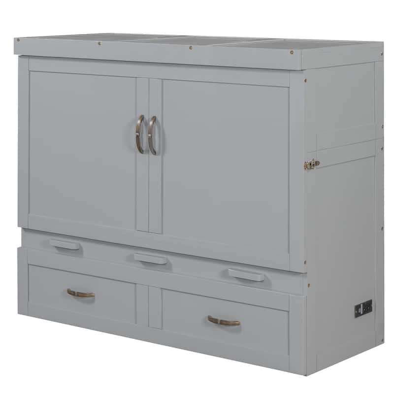 Space-Saving Full Murphy Bed with USB Charging Module, Sturdy Pine Wood Construction & Drawer Storage