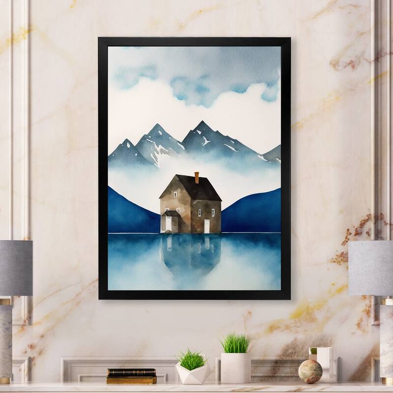Designart "Cottage House By The Mountain Lake" Landscape Lake Framed Art Print - Black - 34 in. wide x 44 in. high