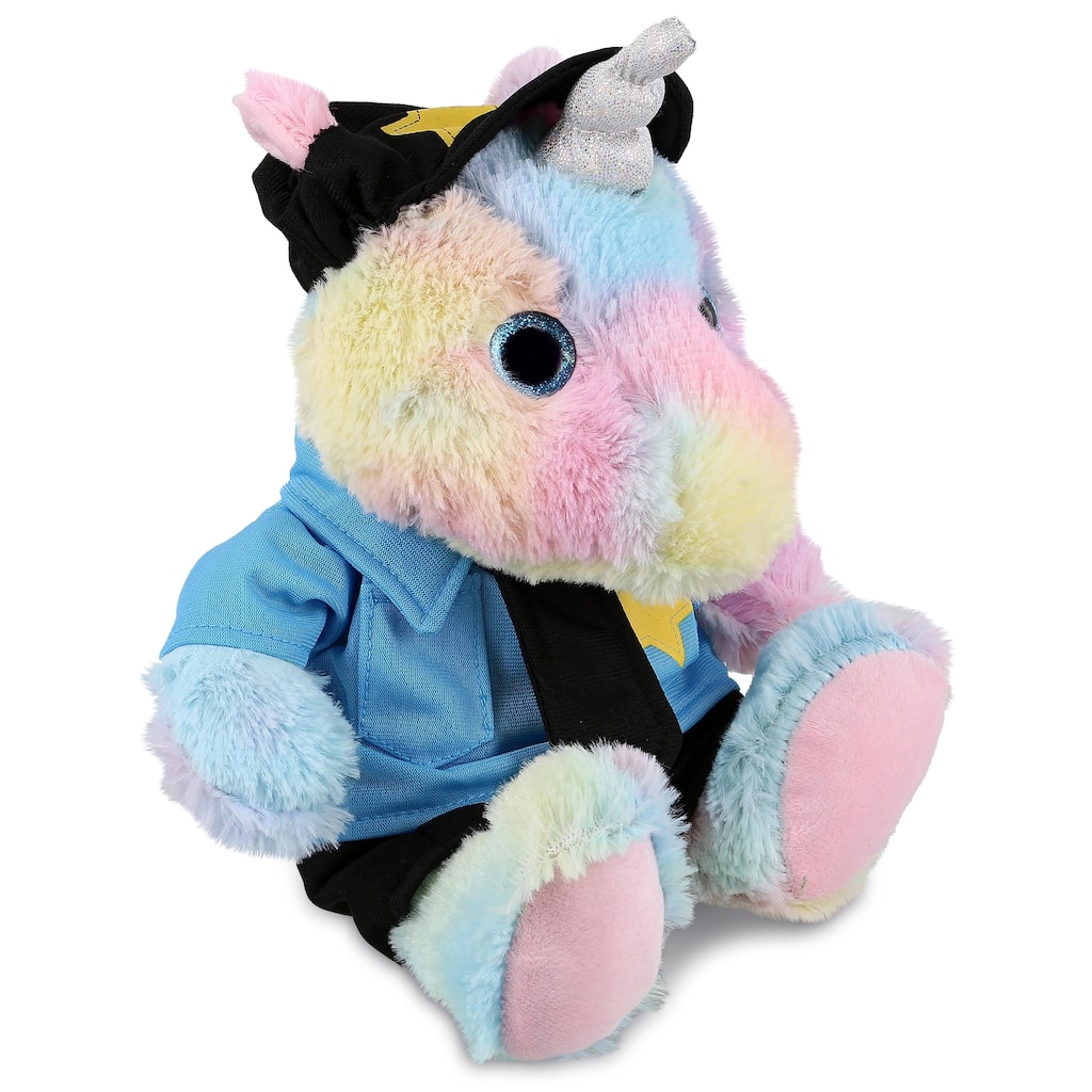 DolliBu Sitting Rainbow Unicorn Police Officer Plush with Cop Uniform - 10 inches