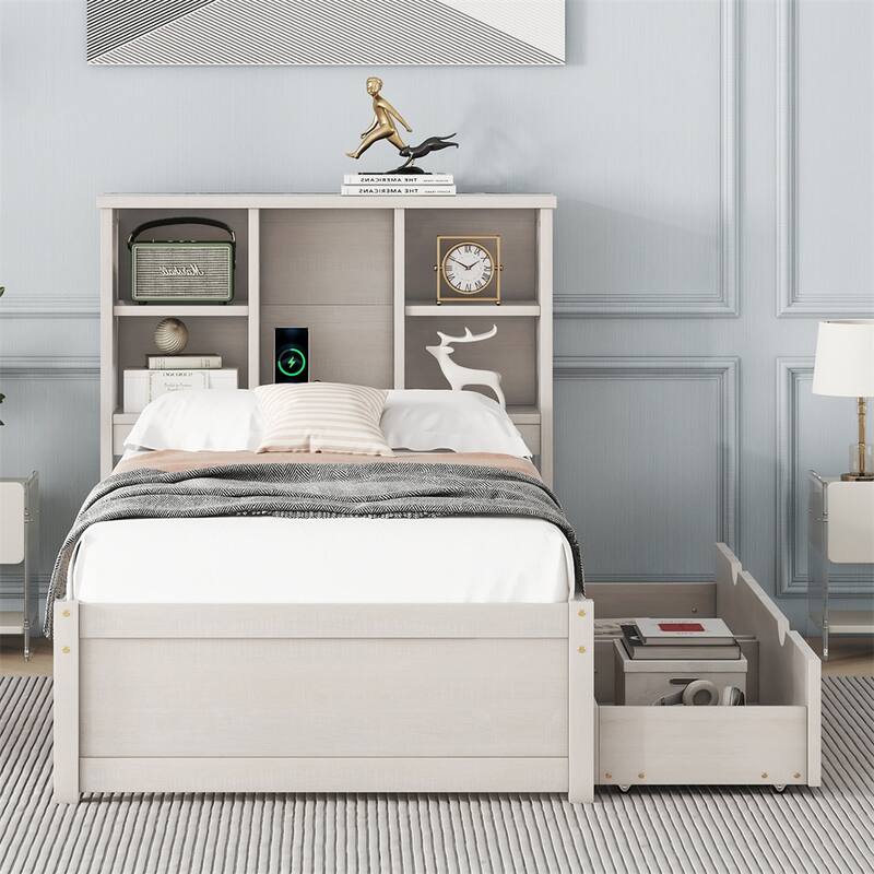 Twin Size Bed W/ Built-in USB Port on Bookcase Headboard,2 Drawers