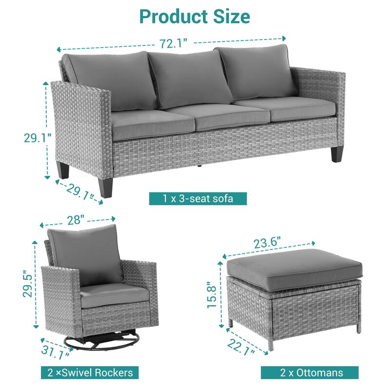 BONOSUKI 5-Piece Outdoor Brown/Gray PE Wicker Patio Conversation Sets, Swivel Rocking Sofa Set with Cushions and Ottomans