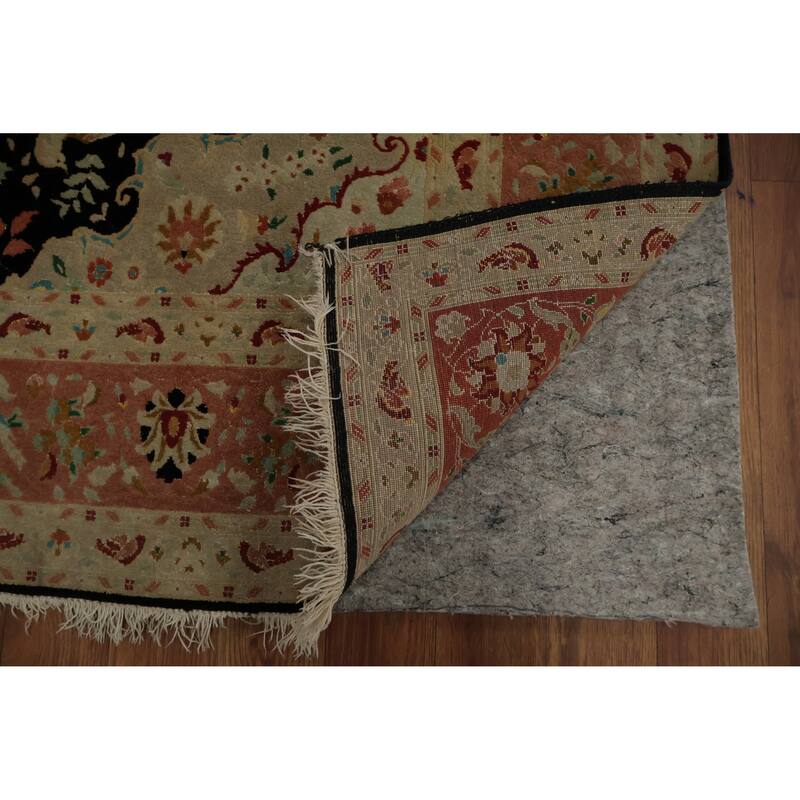 Hand Knotted Oriental Wool & Silk Carpet Traditional Floral Black Tabriz Area Rug - 6' 7'' X 4' 10''