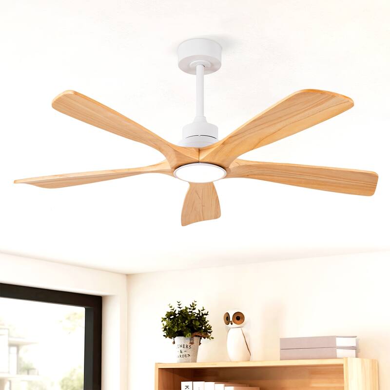52 Inch Indoor Ceiling Fans With Lights and Remote Control, Dimmable LED, 5 Solid Wood Blades,Reversible DC Motor - Oak Natural Wood + Antique White