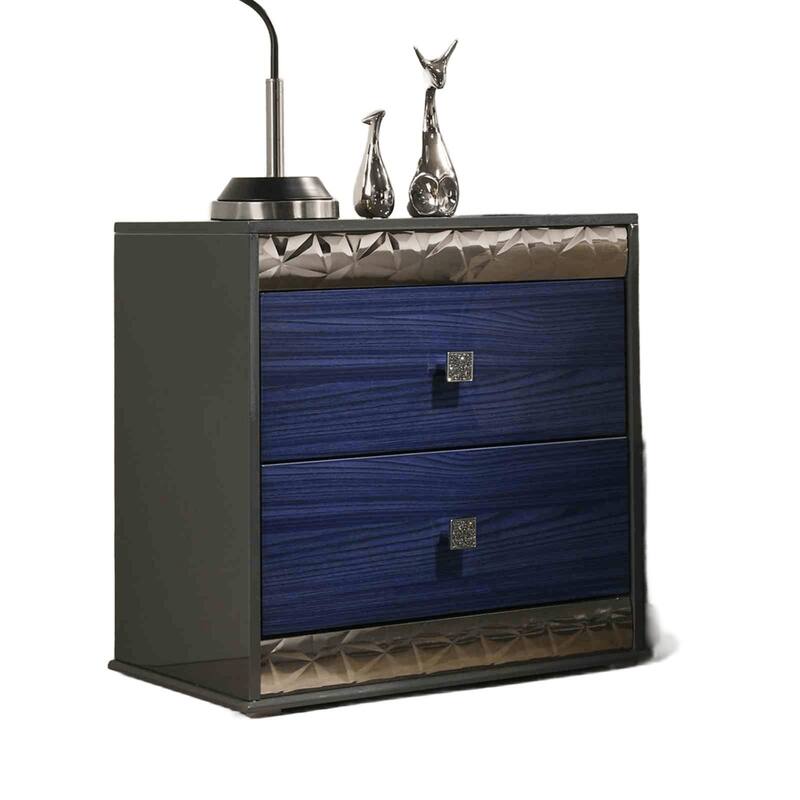 Glam Nightstand - Ash Gray & Indigo Blue Finish with Chrome Molding