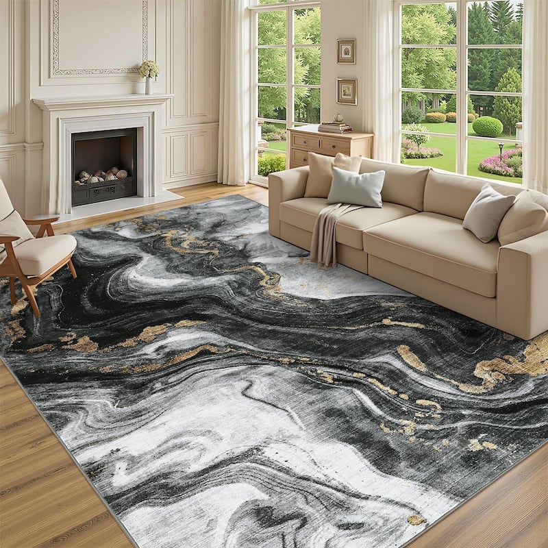 Modern Washable Area Rugs Abstract Living Room Rug Soft Low Pile Non-Slip Rugs for Bedroom Dining Room Home Office - 8'x10' - Black