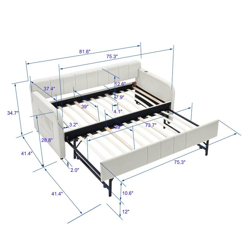 Twin Size Velvet Upholstered Daybed, Wood Sofa Bed Frame Daybed Couch with Trundle Bed and Wood Slat
