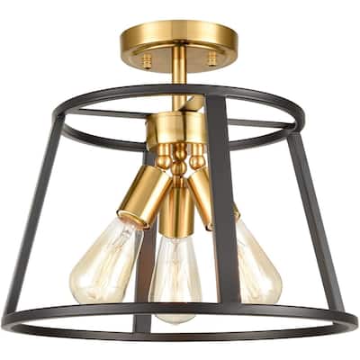 3 light semi flush mount ceiling light cage ceiling lamp with brass and black finish