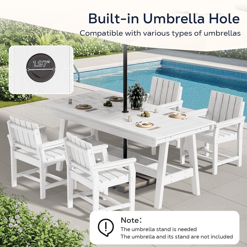 HDPE Patio Dining Set with Rectangular 67.91in W Table with Umbrella Hole and 4 Chairs - N/A