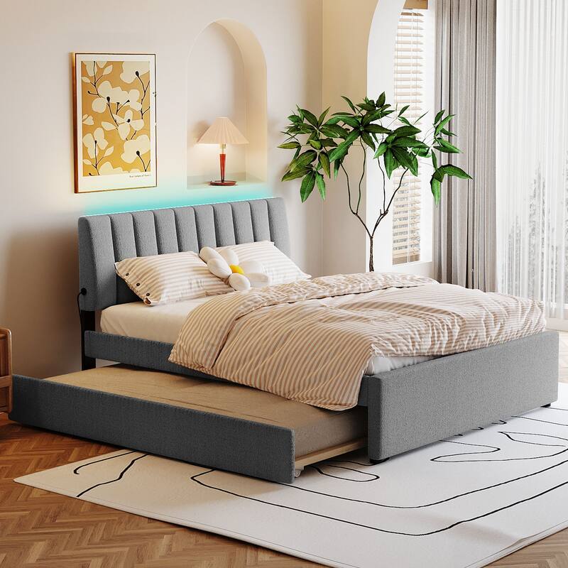 Queen Upholstered Platform Bed with Stripe Headboard, LED Lighting, and Twin XL Trundle - Grey