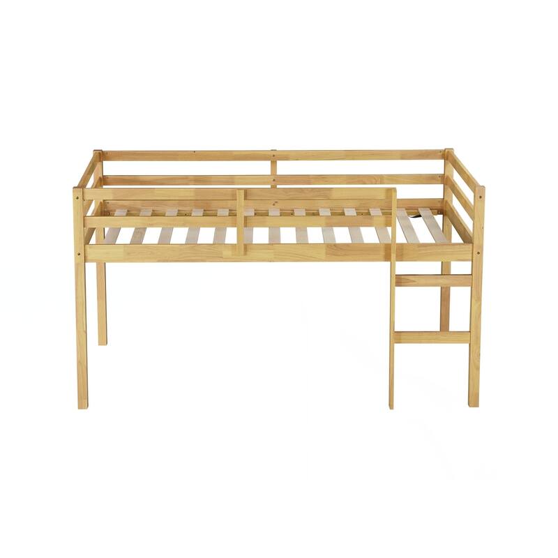 Solid Wooden, Rubber Wooden Twin Loft Bed with Ladder, Bed Platform of Strengthened Slats