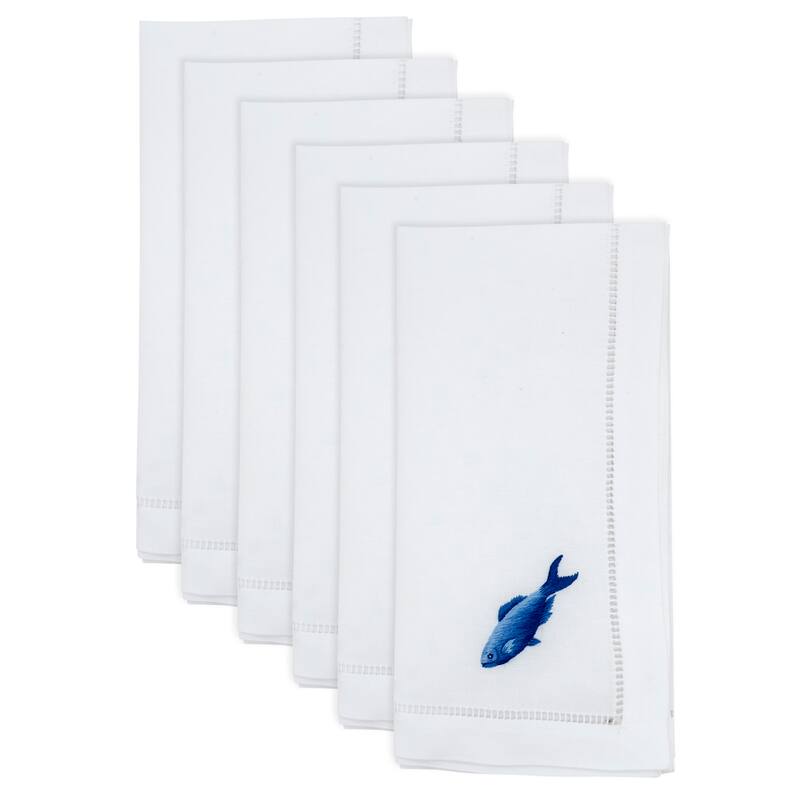 Embroidered Fish Cotton Napkins (Set of 6) - Hemstitch Border with Coastal-Inspired Motif, 20"x20"