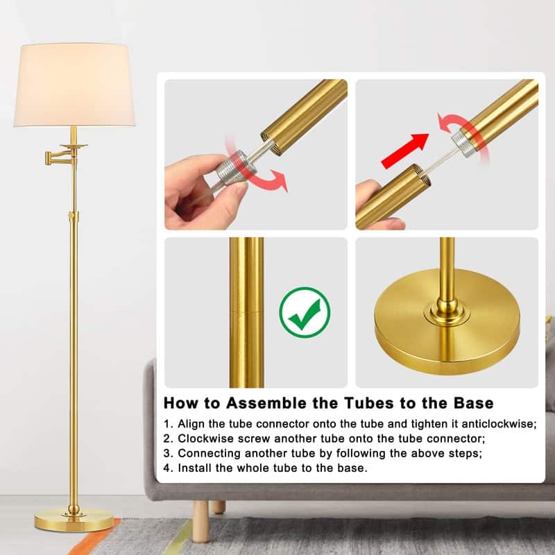 KAWOTI 64.5 inch Adjustable Height Swing Arm Floor Lamp with Shade