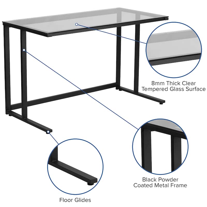 Glass Top Desk with Pedestal Metal Frame - Home Office Furniture