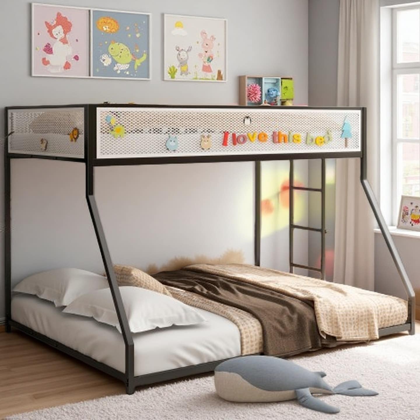 Twin Over Full Metal Bunk Bed with Mesh Guardrails, Reversible Ladder, Durable Square Tube Frame, Low-Profile Safety Design