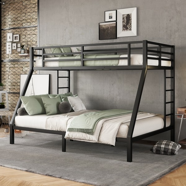 slide 2 of 9, Black Twin XL over Queen Size Metal Bunk Bed with Fence & Space-Saving Design Twin XL over Queen - Black