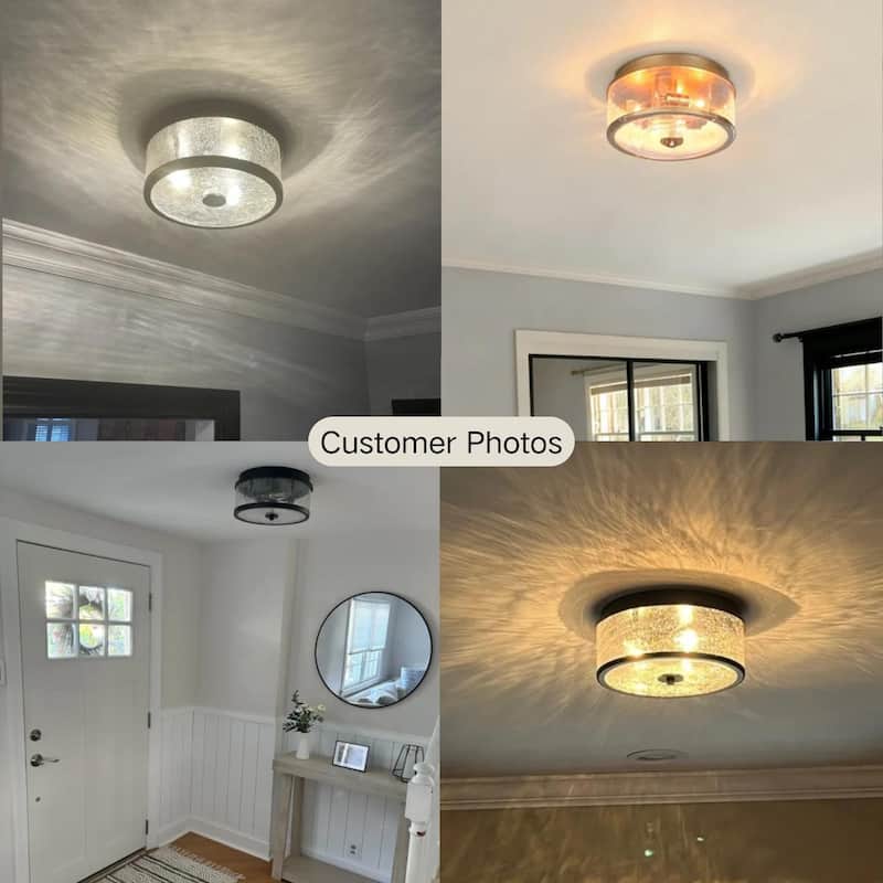 3-Light Modern Farmhouse Black Gold Drum Flush Mount Ceiling Light with Glass Shade - D12"×H6"