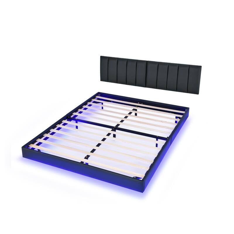 Queen Floating Bed Frame with LED Lights and Wall Mounted Headboard Low Profile Led Platform Bed Frame,No Box Spring Needed