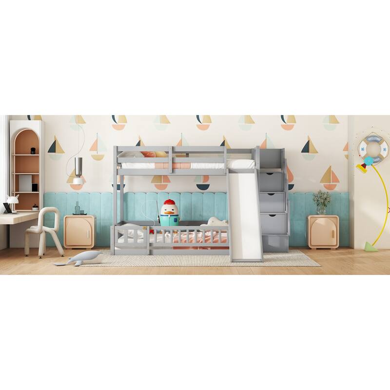 Roomfitters Twin Over Full Bunk Bed with Slide and Storage Staircase, Solid Pine Wood Bunk Bed with Guardrails