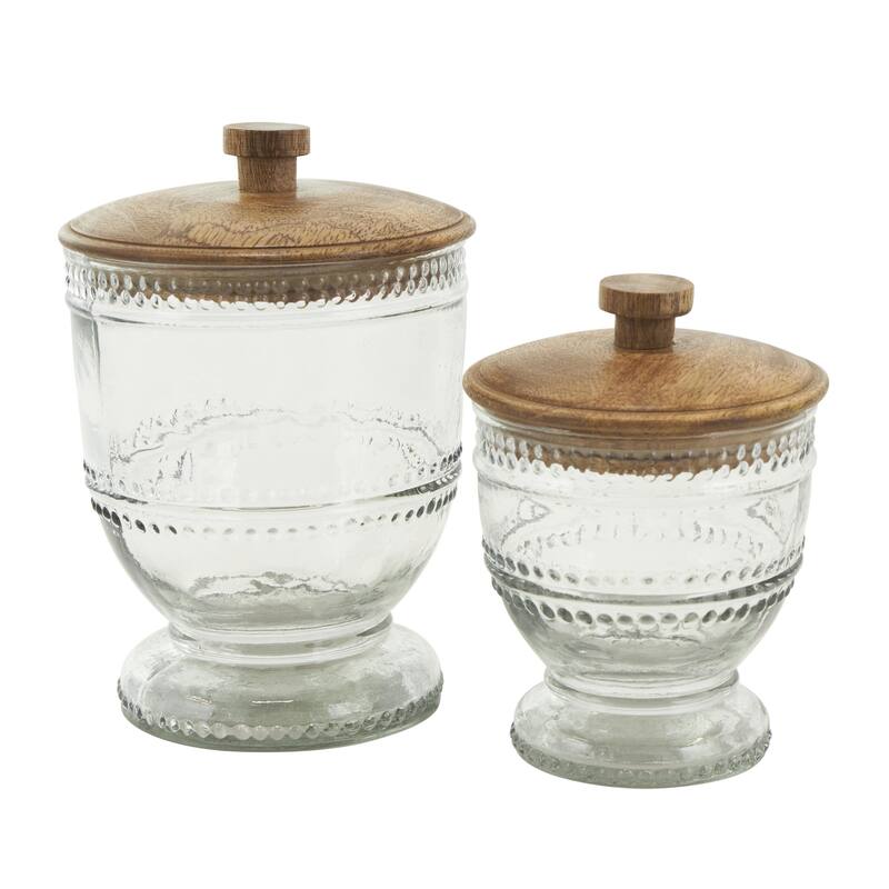Glass Beaded Living Room Decorative Jars with Wood Lids - Set of 2 Clear - Roche River Decor