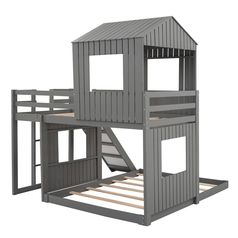 Nestfair Twin Over Full Bunk Bed Loft Bed with Slide and Guardrails