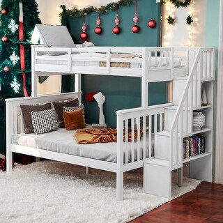 Stylish Twin-Over-Full Bunk Bed with Trundle, Storage Staircase and Guardrail for Bedroom, Stable and Safety, White