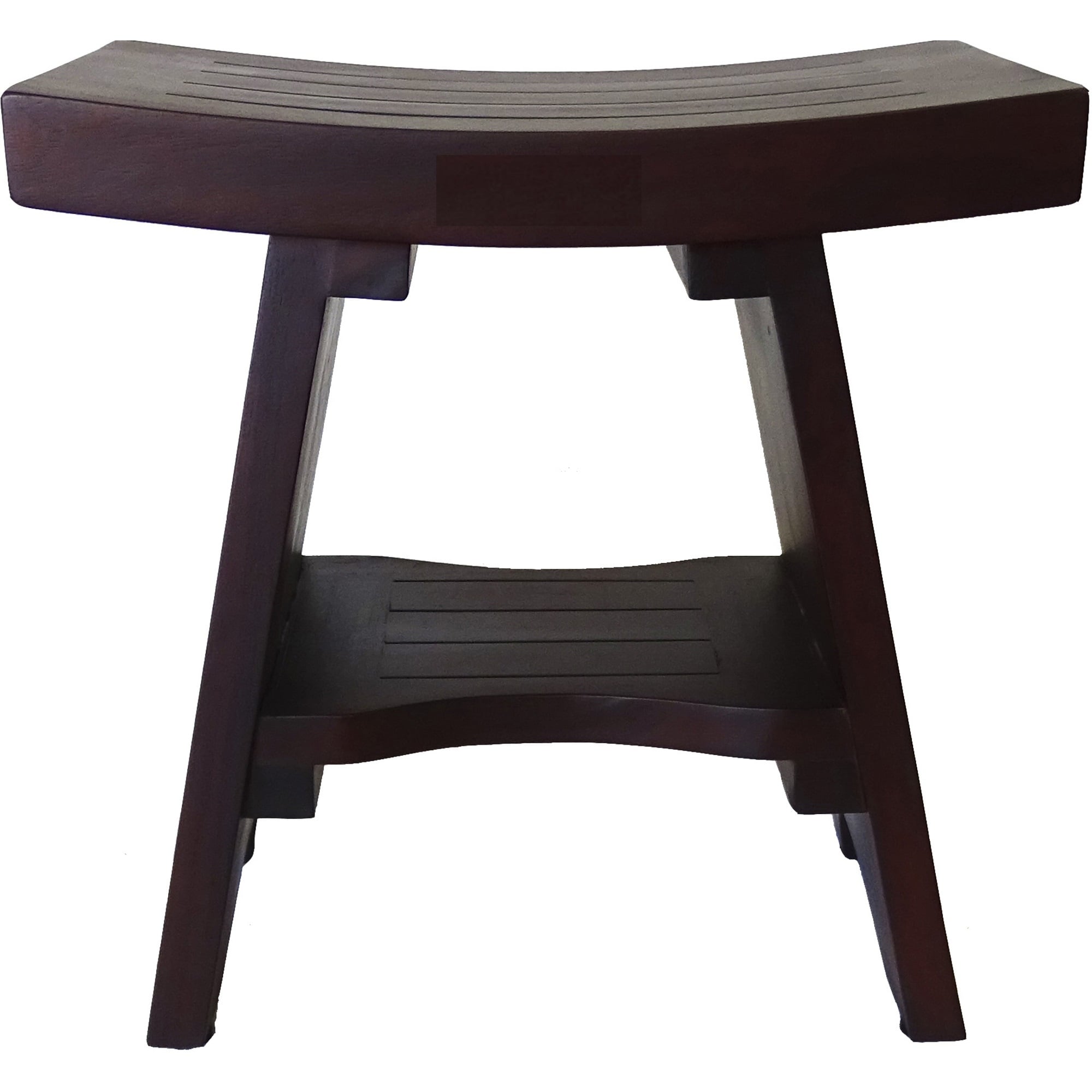 Compact Curviliniear Teak Shower Outdoor Bench with Shelf in Brown Finish Compact Curviliniear Teak Shower Outdoor Bench with Shelf in Brown Finish