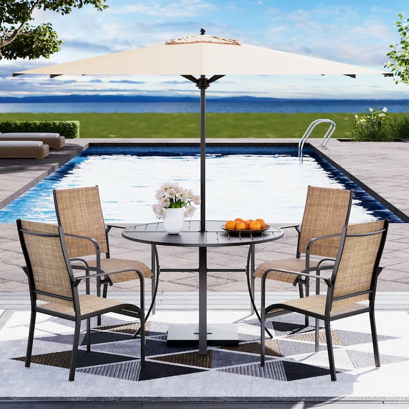 5/7/9-Piece Outdoor Patio Dining Set with Stackable Textilene Chairs and Slatted Table, Furniture with Adjustable Umbrella Hole