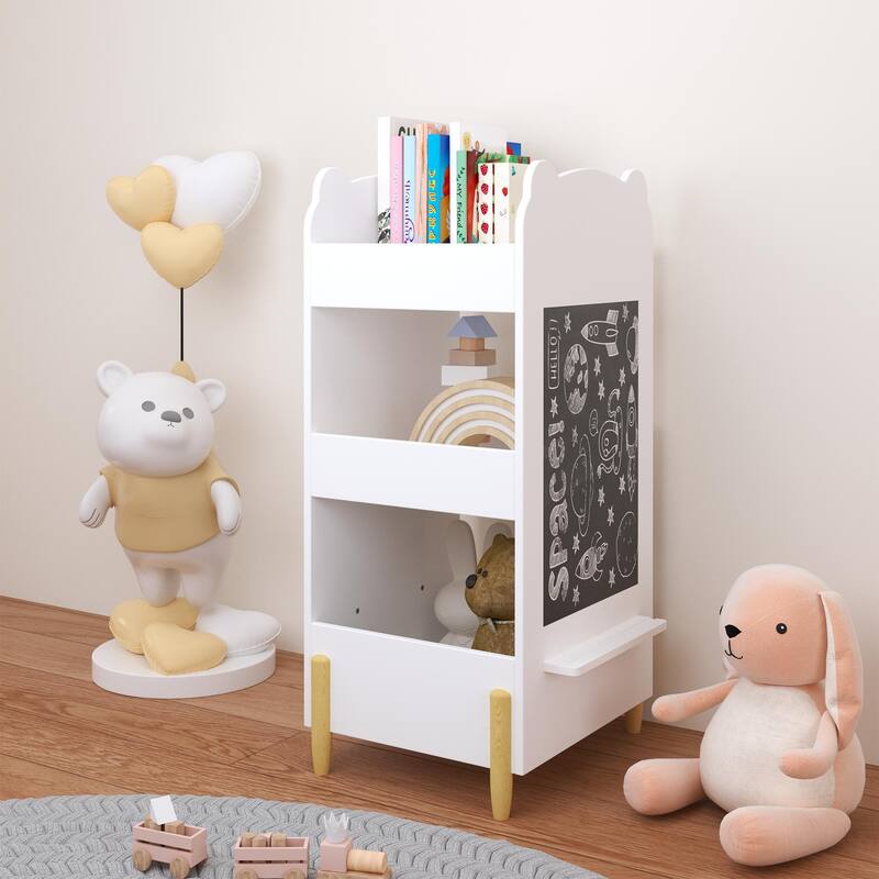 Kids Bookshelf with Chalkboard Side - Bear-Shaped Wooden Bookcase with 3-Tier Storage,Drawing Board