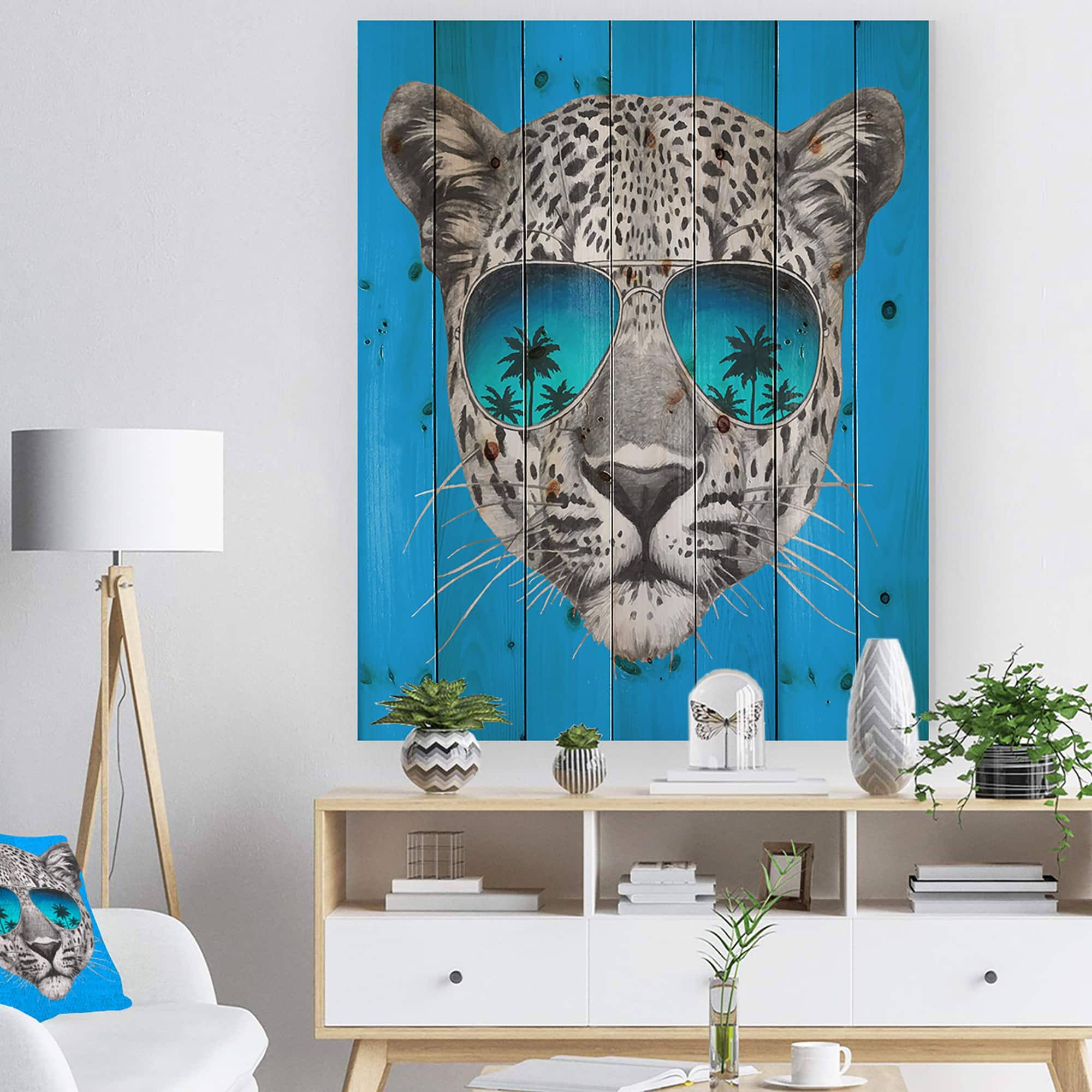 Designart 'Leopard with Mirror Sunglasses' Animal Print on Natural Pine ...