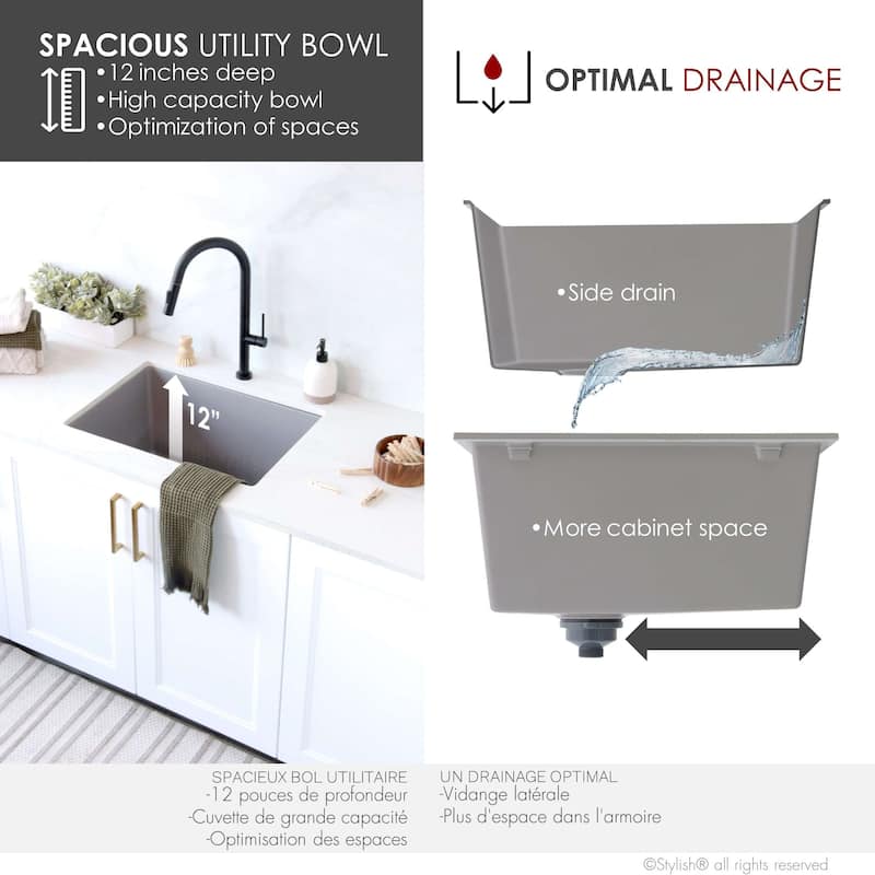 STYLISH 25 inch Single Bowl Dual Mount Composite Granite Utility Sink