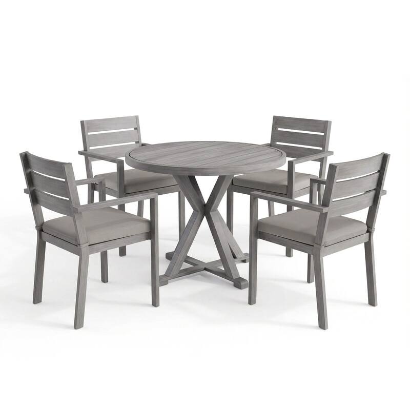 Martha Stewart All-Weather Patio Set with 36" Round Trestle Base Table and 4 Stack Armchairs - 22.25"W x 23.75"D x 34"H - Gray