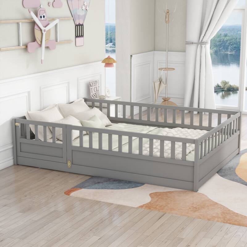 Full Size Wooden Children's Floor Bed with Sturdy Fence, Montessori-Inspired French Pine Bed Frame for Enhanced Safety