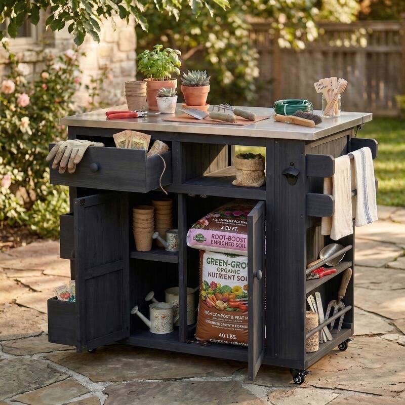 Outdoor Solid Wood Extendable Kitchen Island with Stainless Steel Top, Side Spice Rack, Drawers & Storage Cabinet