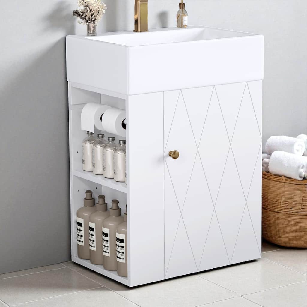 20" Wall Mounted Bathroom Vanity with Ceramic Sink, Diamond Door Design, Side Shelves and Towel Bar