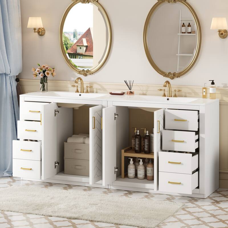 Roomfitters 72 Inch Bathroom Vanity with Ceramic Sink, Solid Wood Frame Cabinet with Sliding Tiers & Soft Close Doors