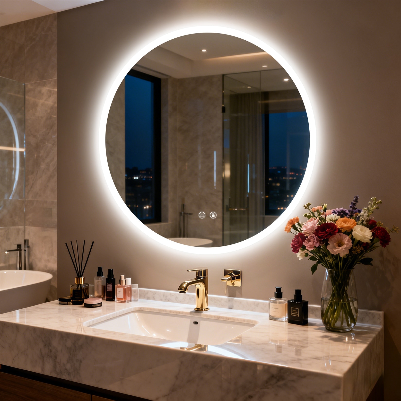 28" Round Circle Wall Mounted Bathroom Mirror Backlit LED Vanity Mirror with Aluminum Frame - 27.56” x 27.56”