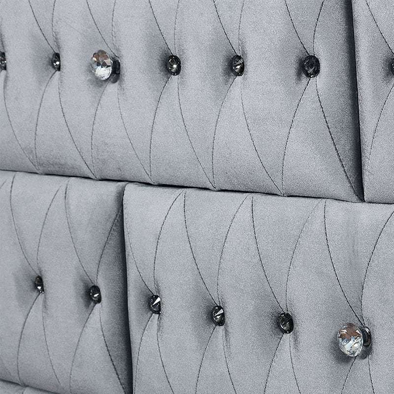 Rea Wide Dresser, 7 Drawers with Crystal Knobs, Gray Velvet Upholstery