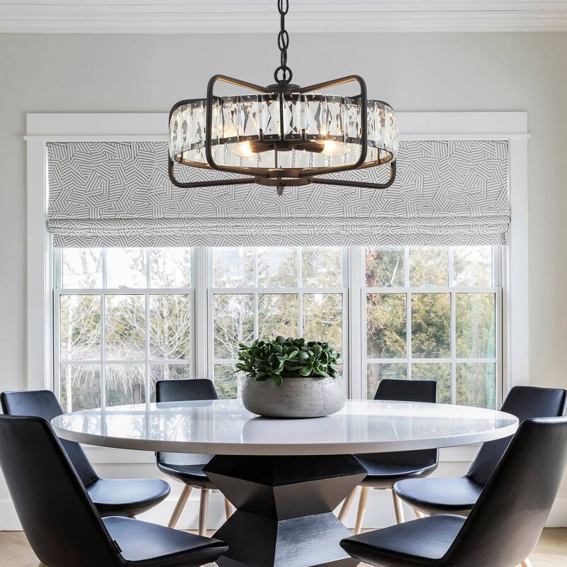 Modern Matte Black 4-Light Crystal Chandelier for Dining Room - 16.9" D x 16.9" W x 8.7" H