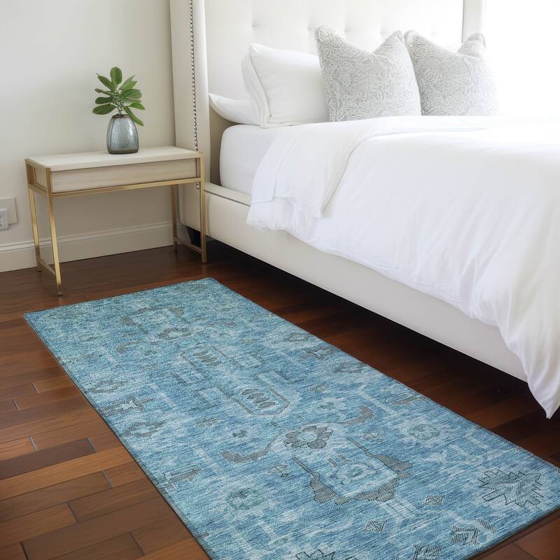 Machine Washable Indoor/ Outdoor Chantille Boho Rug - Blue - 2'3" x 7'6"