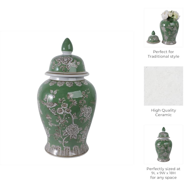 Ceramic Decorative Temple Jar Bird Flower with Lid for Home Decor