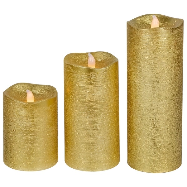 slide 2 of 6, LED Brushed Flameless Christmas Pillar Candles - 8" - Gold Finish - Set of 3