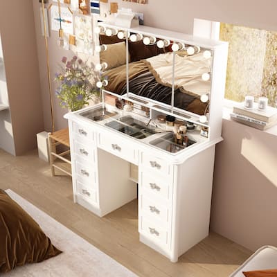 Contemporary Beauty Station - White Vanity Desk Makeup Vanity Dressing - 40.2"Wx54.1"H