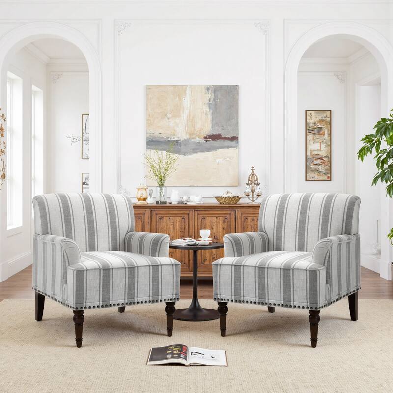 Set 2 Striped Upholstered Linen Armchair with Brass Nailhead Trim