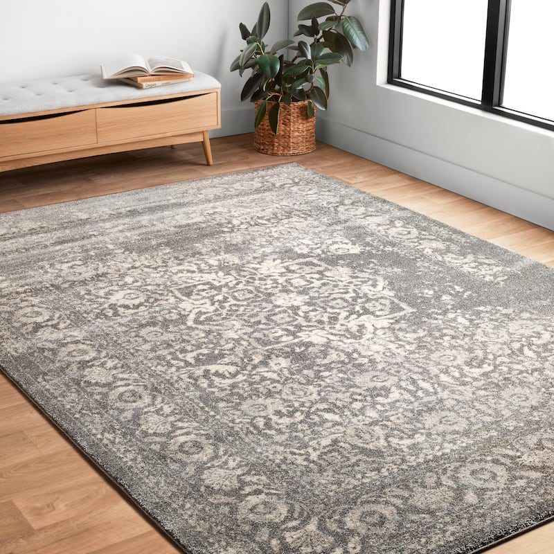 Alexander Home Brentley Traditional Distressed Medallion Area Rug - 5'3" x 7'7" - Charcoal/Ivory - Runner/Rectangle