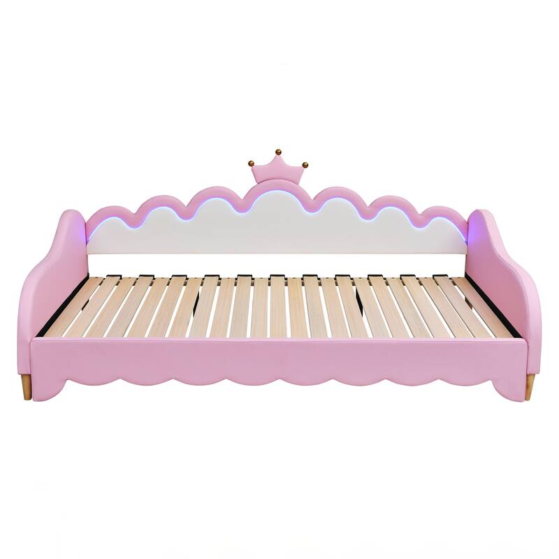 Twin Extending Daybed with LED Lights, Modern Upholstered Princess Daybed With Crown Headboard