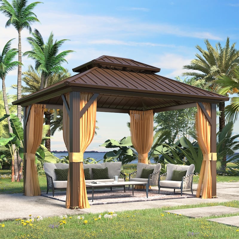 Outdoor Hardtop Gazebo w Galvanized Steel Double Roof & Aluminum Frame, 10'x12' Pergola with Premium Curtains and Nettings - 10'x12'