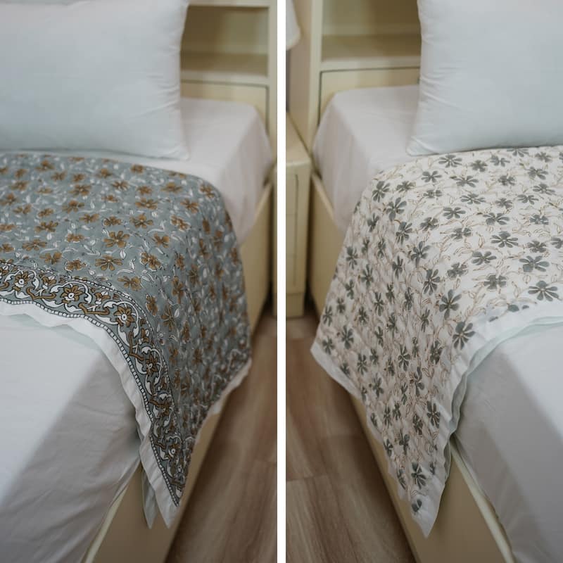 Fabdivine Artisan Handmade 100% Cotton Quilt - Brown Green Floral Block Print, Reversible Bohemian Bedding for Home - 90" X 95" - Brown, Green