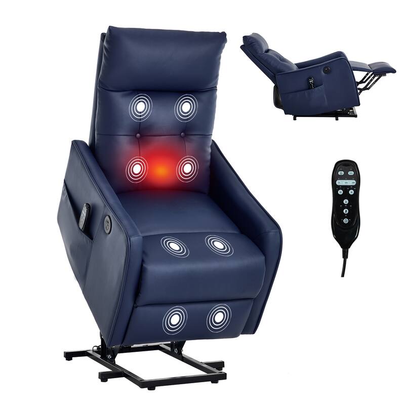 PU Leather Recliner with Single Motor Lift Massage Heat and 155 Degree Recline