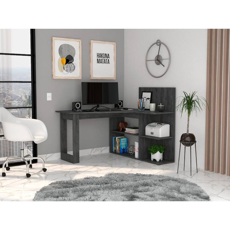 L-Shaped Writing Computer Desk with 5 Open Shelves, Right Return, and Stylish Hutch for Home Office or Study - Smokey Oak