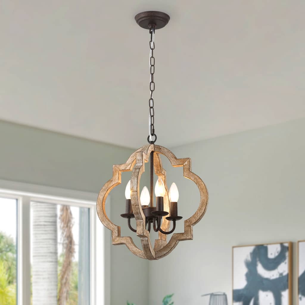 Bella Depot 16" 4-Light Distressed Wood Chandelier Adjustable Pendant Light for Dining Room Bedroom